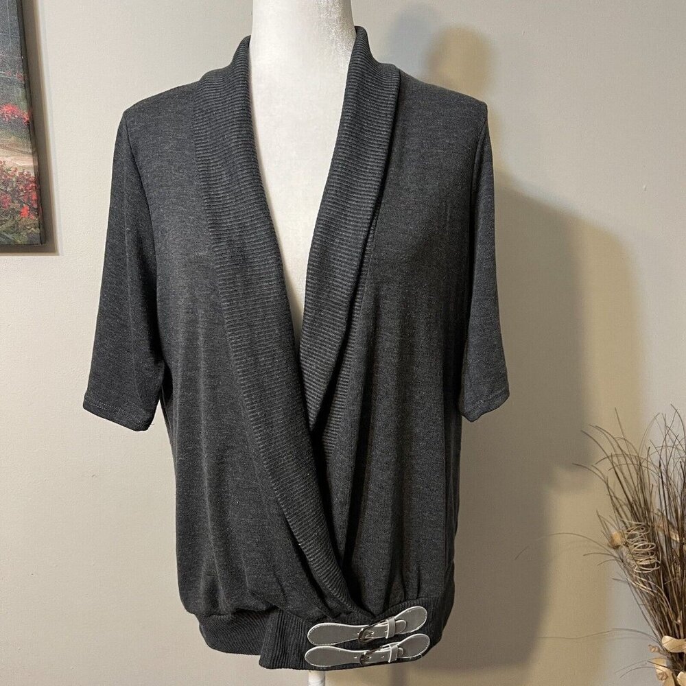 French Atmosphere Women Gray Short Sleeve Open Front Sweater Silver Buckle Sz 1X